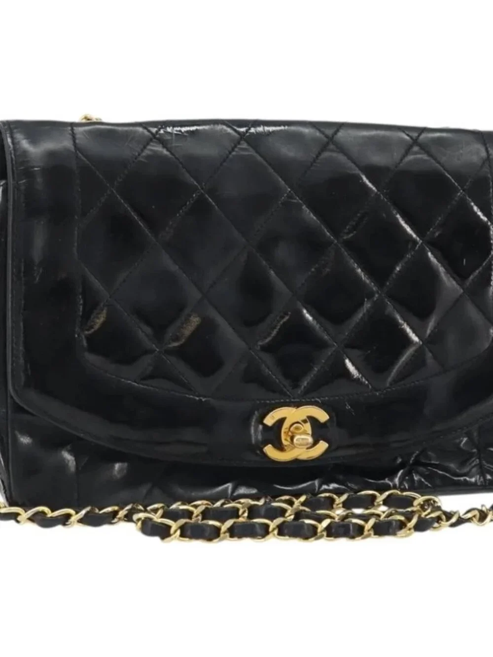 CHANEL Diana 25 Matelasse Chain Bag Patent Leather Black Gold CC Auth bs34314
